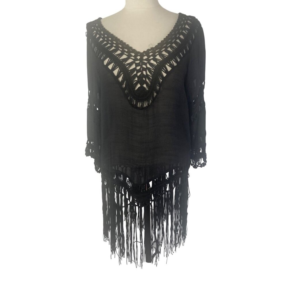 Black Boho Fringe Cutout Tunic Top One Size Beach Coverup Witchy Goth Grunge